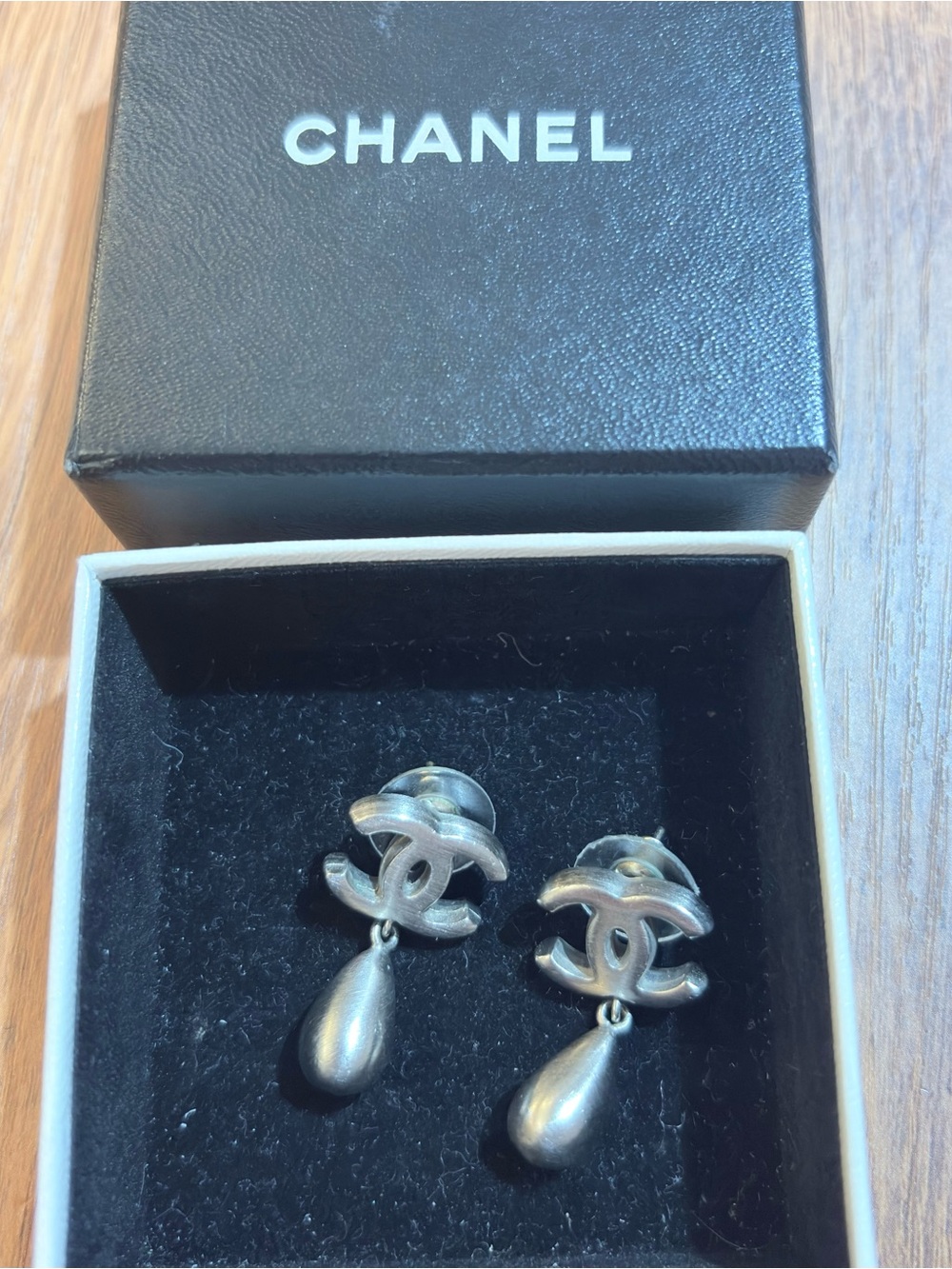 CHANEL Silver CC Teardrop Dangle Earrings
